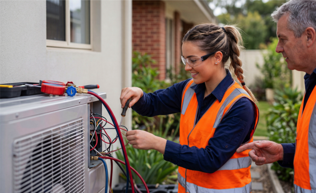 Young technician being trained by senior HVAC technician.